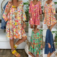 2021 summer plus size women boho floral print dress casual loose deep v neck holiday beach shirt dress vestido