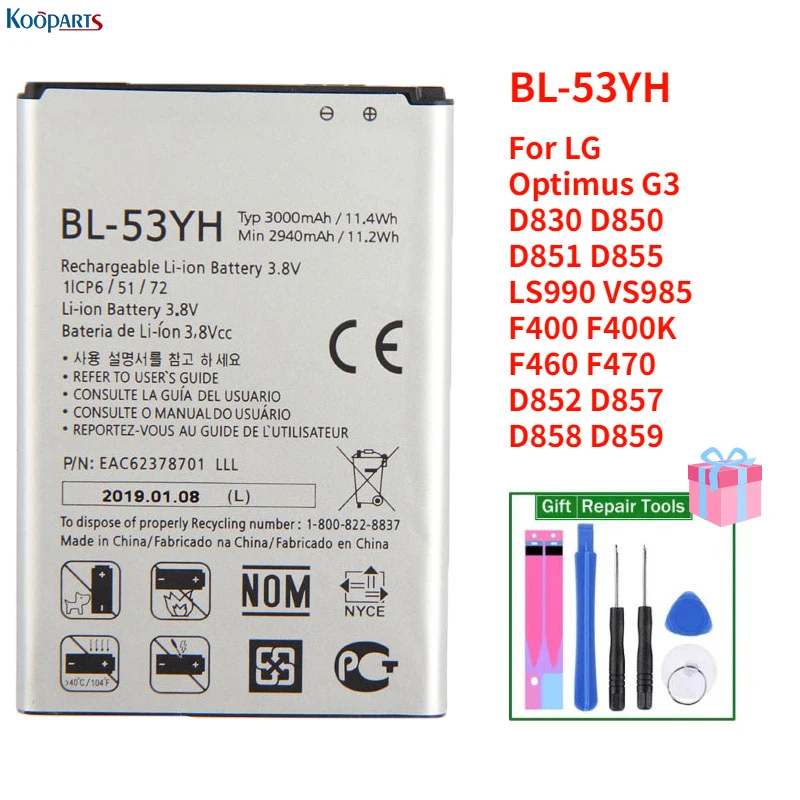

BL-53YH запасная аккумуляторная батарея для LG Optimus G3 D830 D850 D851 D855 LS990 VS985 F400 F400K F460 F470 D852 D857 D858 D859 Batteria