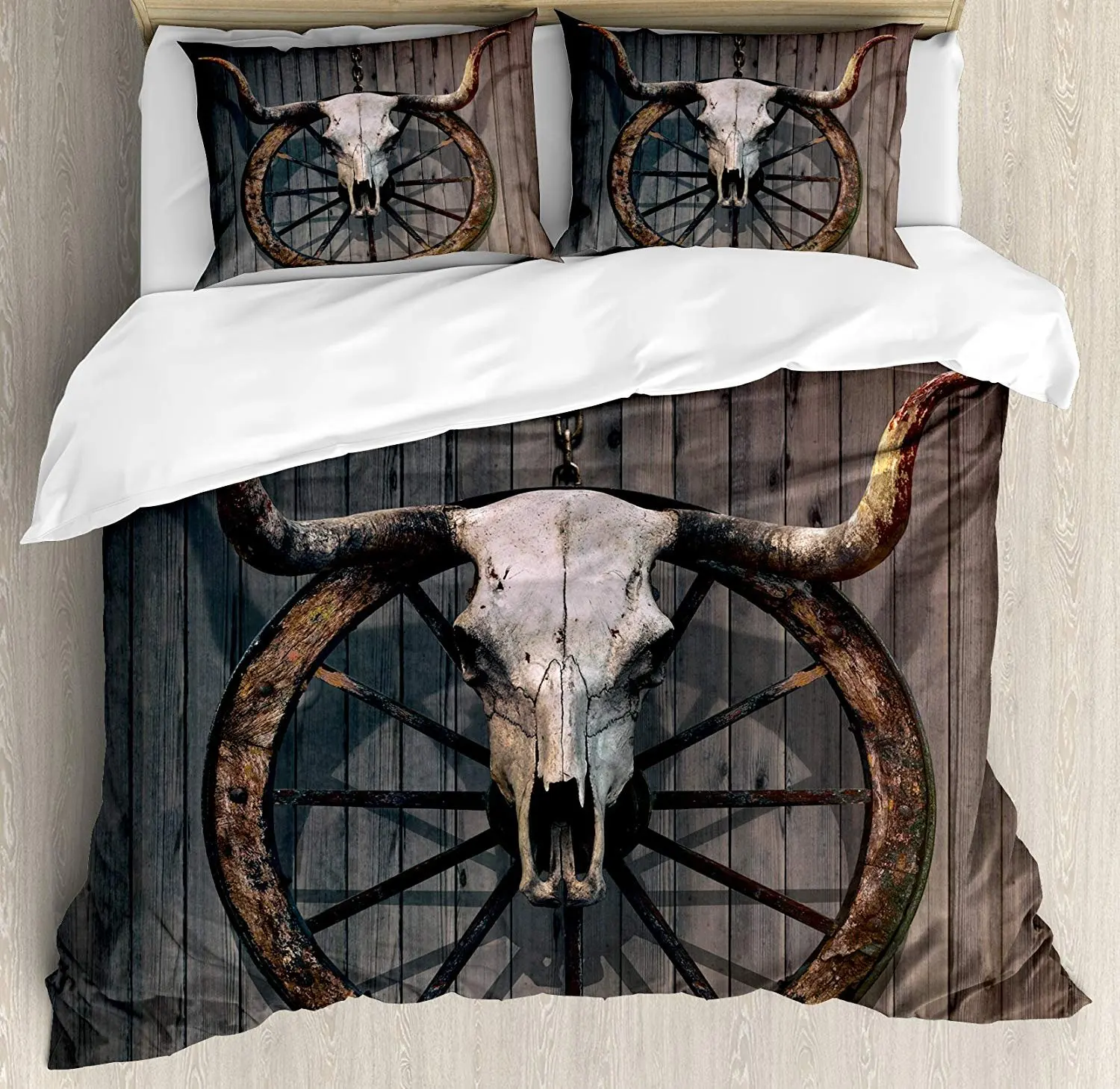 

Barn Wood Wagon Wheel Bedding Set Long Horned Bull Skull and Old West Wagon Wheel on Rustic Wall Duvet Cover Pillowcase for Home