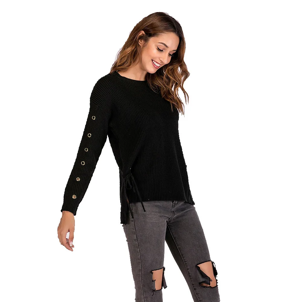 

New Fashion Women Knitted Sweater Round Neck Long Sleeve Eyelets Split Bandage Casual Solid Autumn Pullover Jumper Black Tops