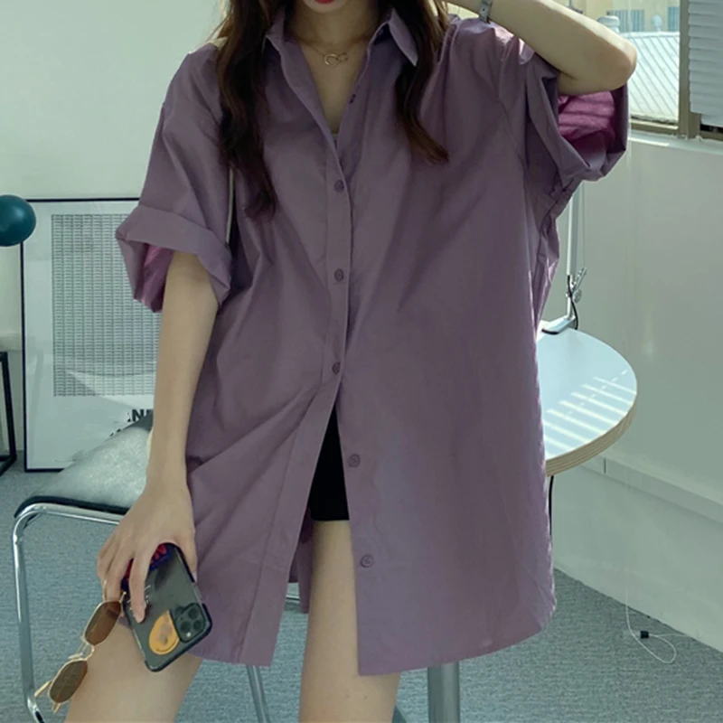 Женская Однотонная рубашка оверсайз Повседневная Корейская Короткая Длинная