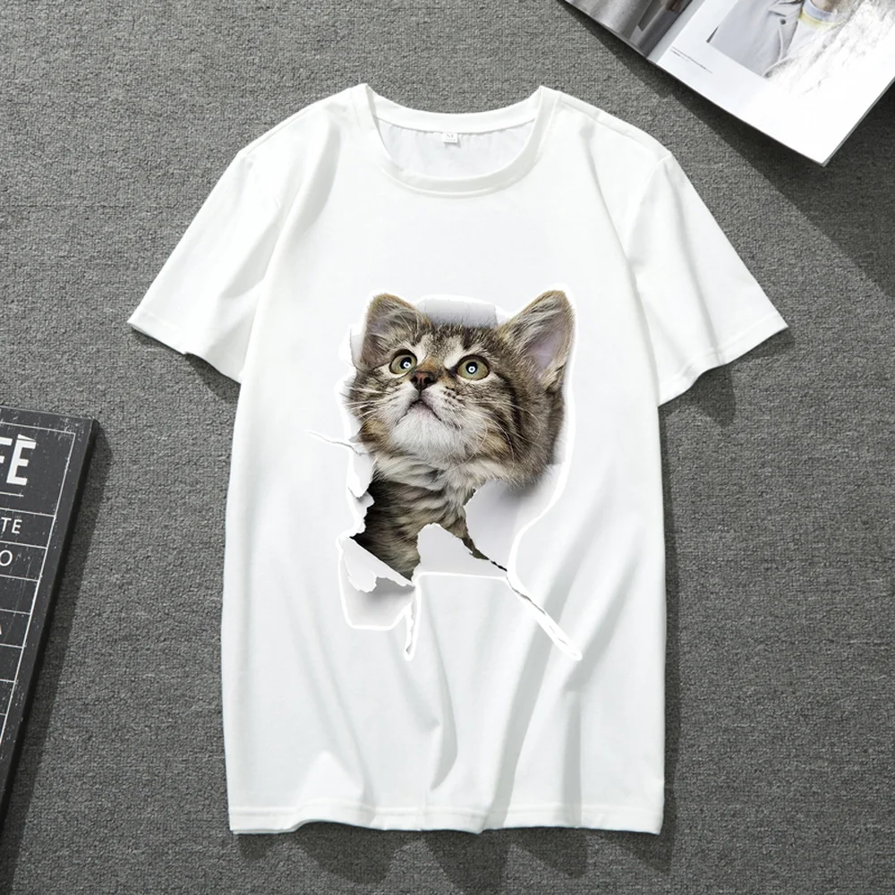 

Unisex T-shirt White Round Neck Cute Animal Pattern Printing Harajuku Street Casual All-match Plus Size Men's and Women's Tops