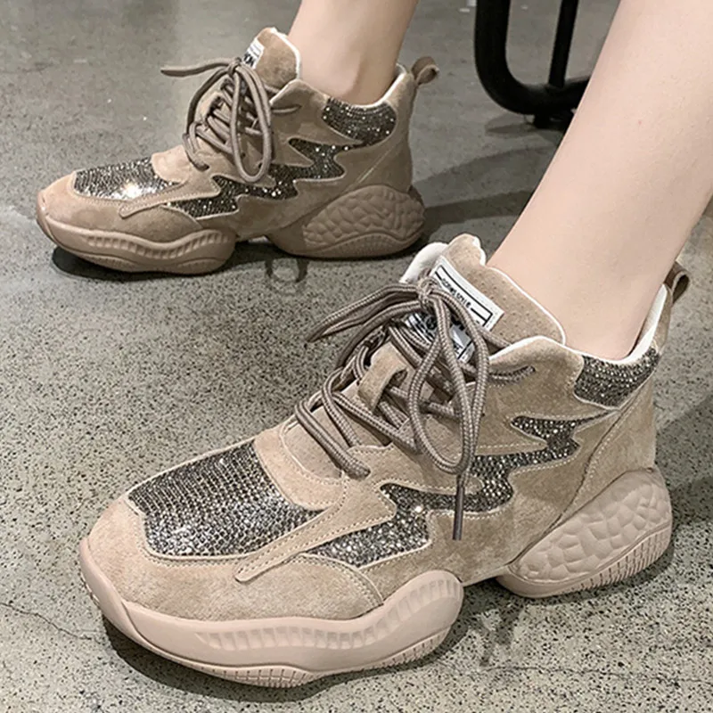 Обувь Для женщин из искусственной замши осень Bling Стразы на шнуровке модная