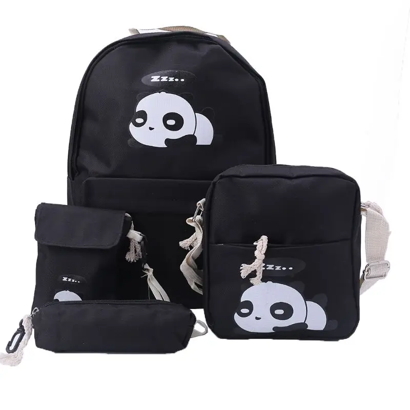 

4pcs Women's Backpack Cute Panda Print Rucksack Travel Schoolbags Shoulder Bag M2EB