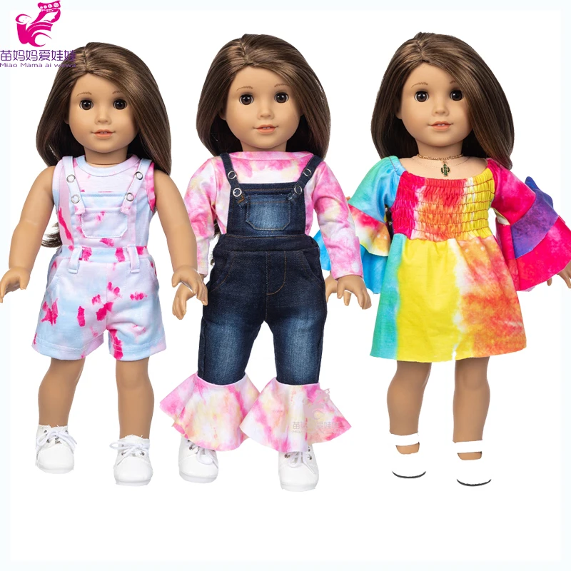 

18 дюймов девочка кукла одежда галстук из денима-краситель расклешенные брюки детские куклы одежда всех цветов радуги комплект с курткой дл...