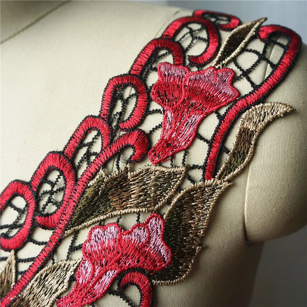 Красная вышитая цветочная роза тканевый воротник цветочные листья аппликация