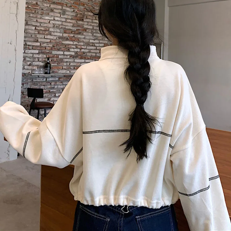 

JMPRS Pullover Women Zipper Hoodies Spring Long Sleeve Oversize Letter Stand Collar Black Sweatshirts Casual Loose Ladies Coat