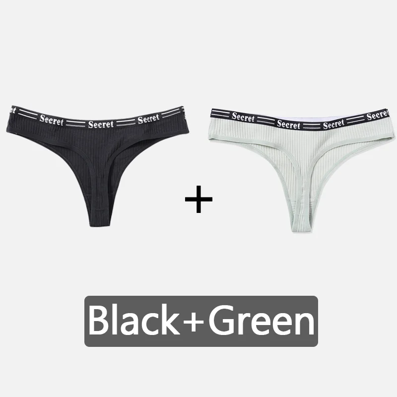 Black-Green Женские стринги с буквенным принтом, хлопковые трусики-стринги, мягкое нижнее белье, женские трусики сексуальное женское нижнее белье, женские интимные трусы с низкой посадкой - Цвет: Black-Green