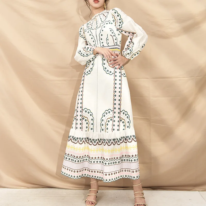 

MSXU New White Dress 2021 Vintage Round Neck Lace Embroidery Long Dresses Summer Woman Elegant Print Beach Holiday Dress Women