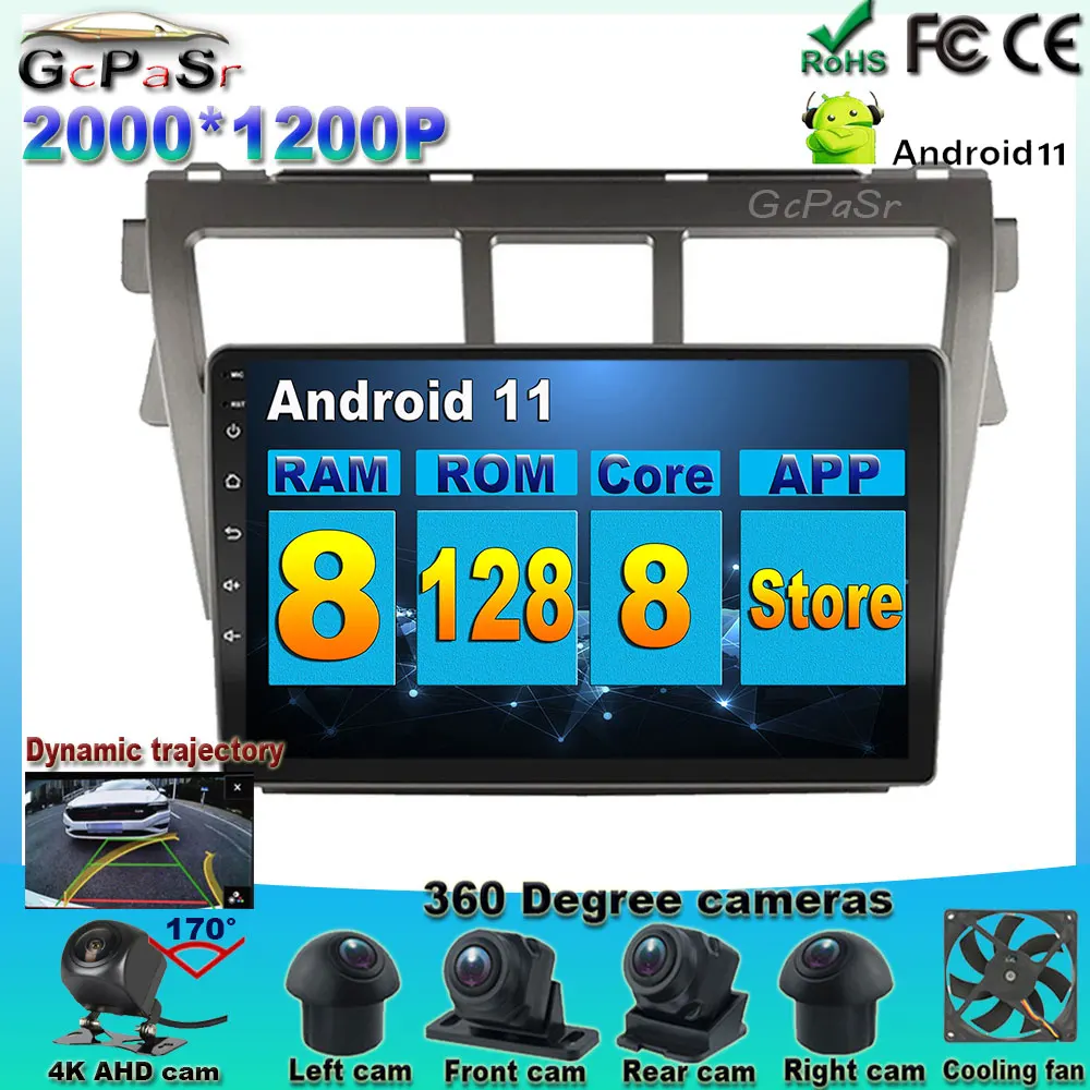 

Carplay Android 11 для Toyota VIOS Yaris 2007-2012 автомобильное радио мультимедийный видеоплеер навигация 360 cam android Авто DSP IPS