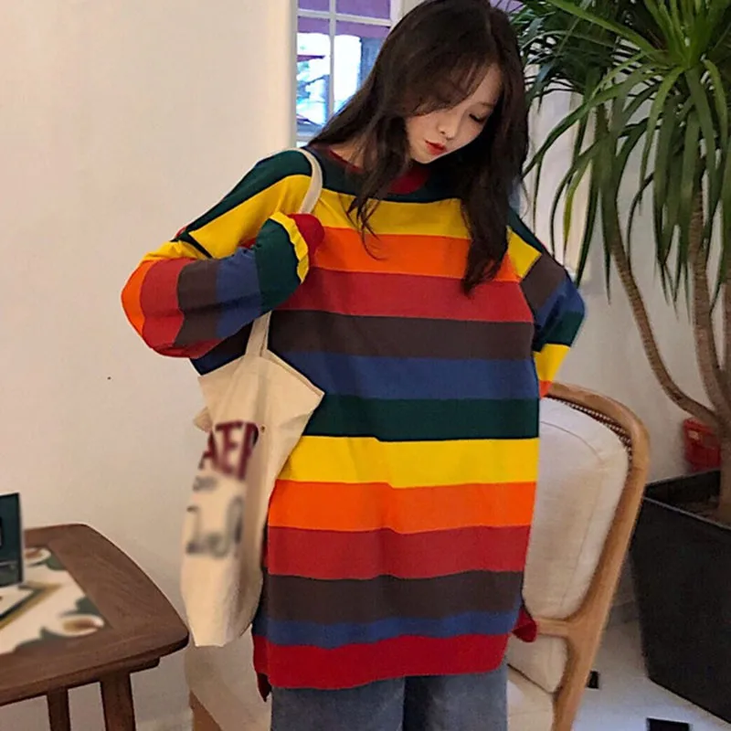 

Autumn Casual Loose T Shirt Women Rainbow Striped Long Sleeve T Shirts Streetwear One Size