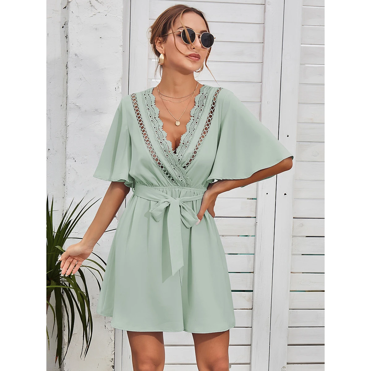 

ZOGAA Dress Women Summer Lace Stitching Deep V-Neck Mini Hollow Out A-LINE Beach Style Boho Sexy Fashion Leisure Chic New Female