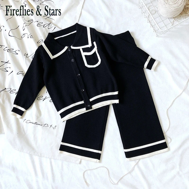 Spring Autumn girls 2 pcs set baby cardigan + wide pants kids knitted suit children brand clothes striped pocket 4 to 12 yrs | Детская
