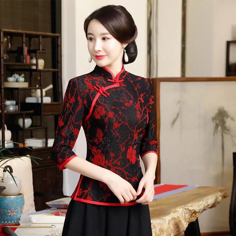 Фиолетовая Летняя женская рубашка топы в традиционном китайском стиле кружевная