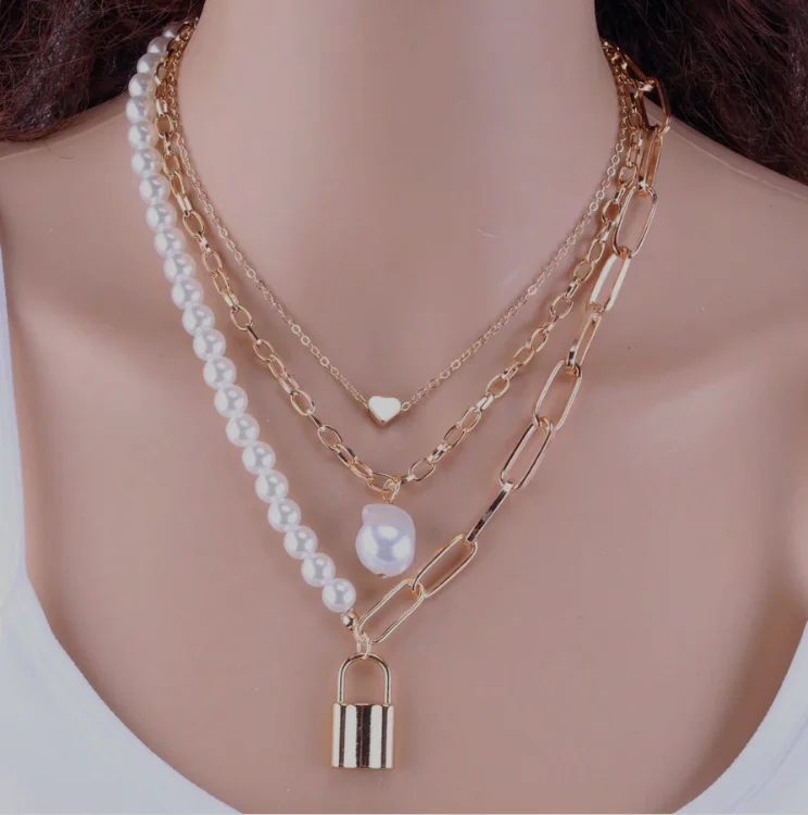 YLWHJJ Brand Fashion 2 Layers Pearls Geometric Pendants Necklaces For Women Gold Metal Snake Chain Necklace Design Jewelry | Украшения и