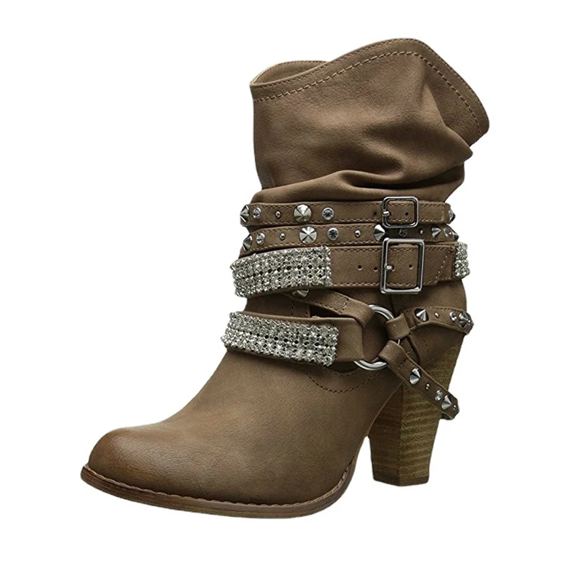 

2022 Winter New Ladies Thick Heel Pin Buckle Women Retro Short Boots Round Toe Zipper Women High Heel Nude Boots Western Boots