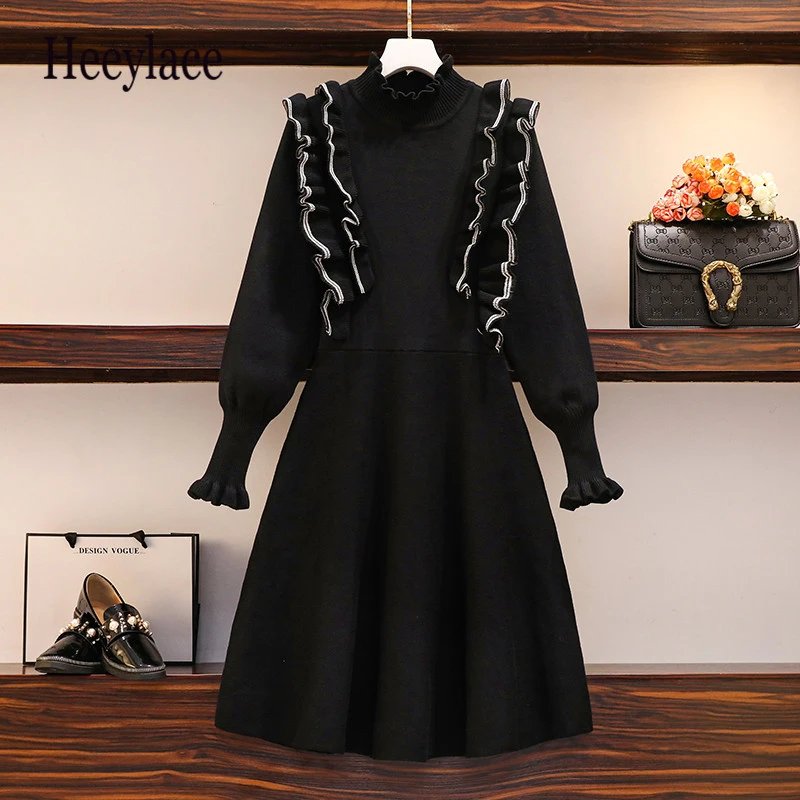 

plus size women fall winter thick warm knitting sweater dresses women turtleneck long sleeve ruffles patchwork A-line vestidos