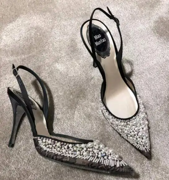 

Босоножки женские на тонком каблуке, с острым носком и жемчугом