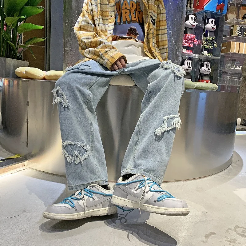 

High Street Love Embroidery Retro Vibe Fringe Jeans Pants Men and Women Straight Oversize Straight Casual Baggy Denim Trousers