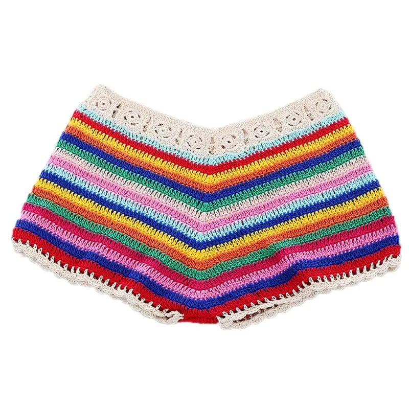 Womens Sexy Bohemian Rainbow Handmade Crochet Knitted Bikini Set Drawstring Lace Up Bandeau Tube Top Shorts Beach Swimsuit Drop | Спорт и