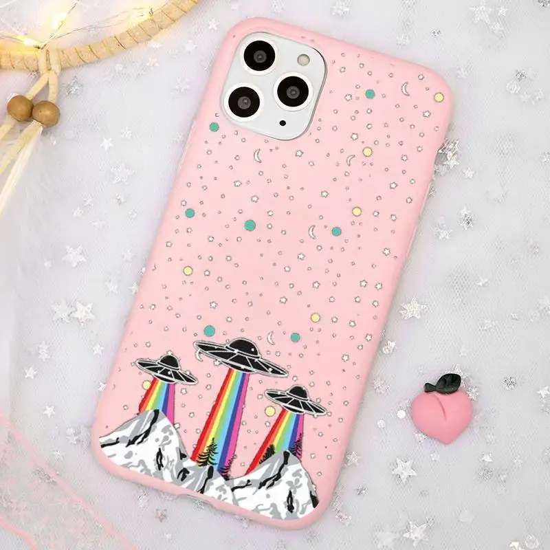 

Aesthetics Cartoon alien space Phone Case Candy Color Pink for iPhone 11 pro XS MAX 8 7 6 6S Plus X 5S SE 2020 XR