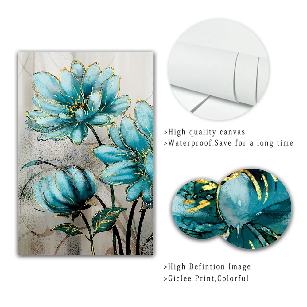 Синие цветы золотые кружева благородный декоративный постер Современная