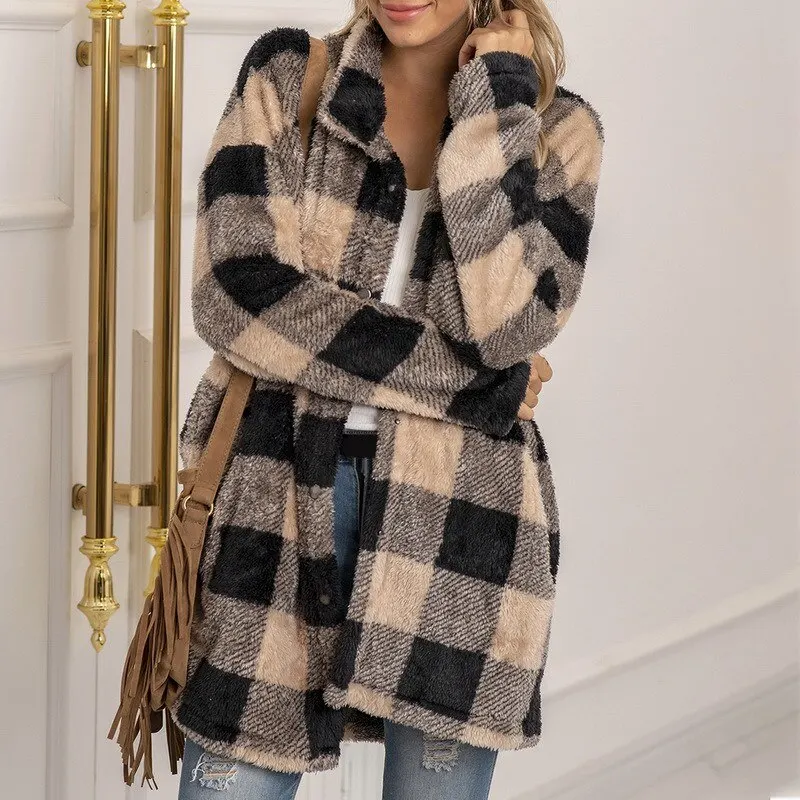 

Women's Winter Casual Plush Long Sleeve Coat Color Contrast Plaid Single-breasted Jacket Mid-length Vintage Overcoat