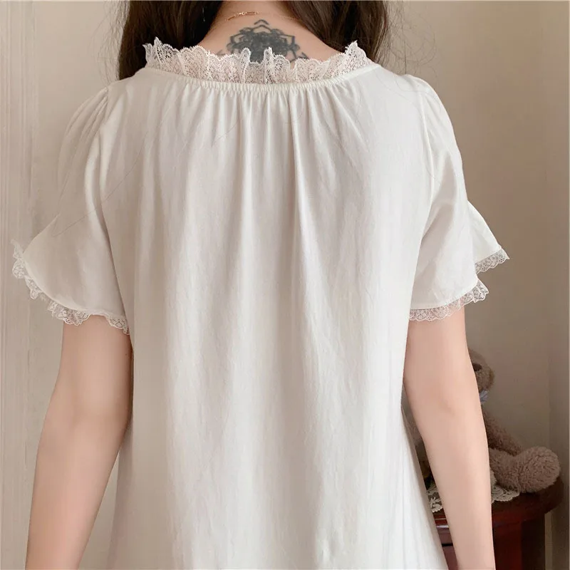 Short Sleeve Lace Nightgown Lady Short Skirt Nightdress Women's Summer Sweet Princess Loose Fresh Home Clothes Female Sleepwear