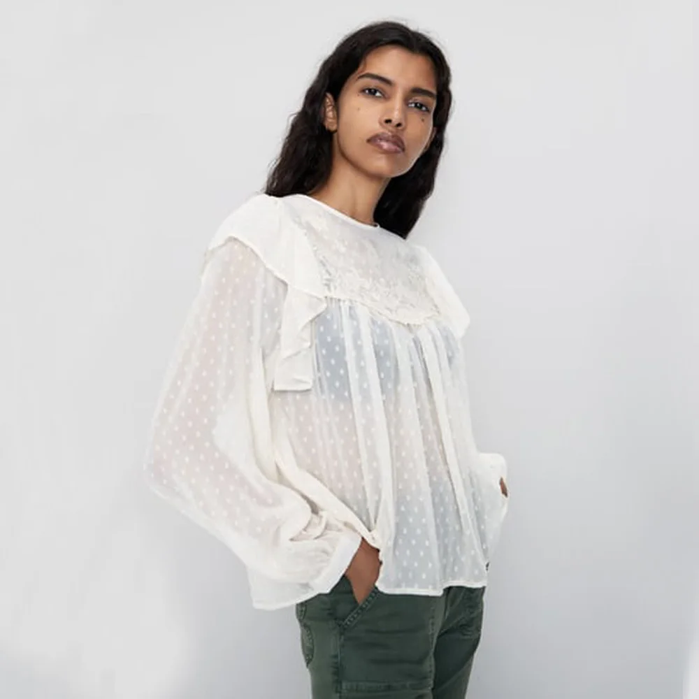 ZA 2019 осенний Новый белый шифоновый срезанный цветок нижняя рубашка модная