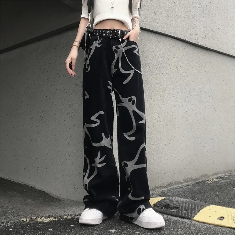 

Spring New Women Denim Trousers All-Match Cotton Harajuku Style Printed Loose High-Waisted Wide-Leg Water Wash Jeans 7686#