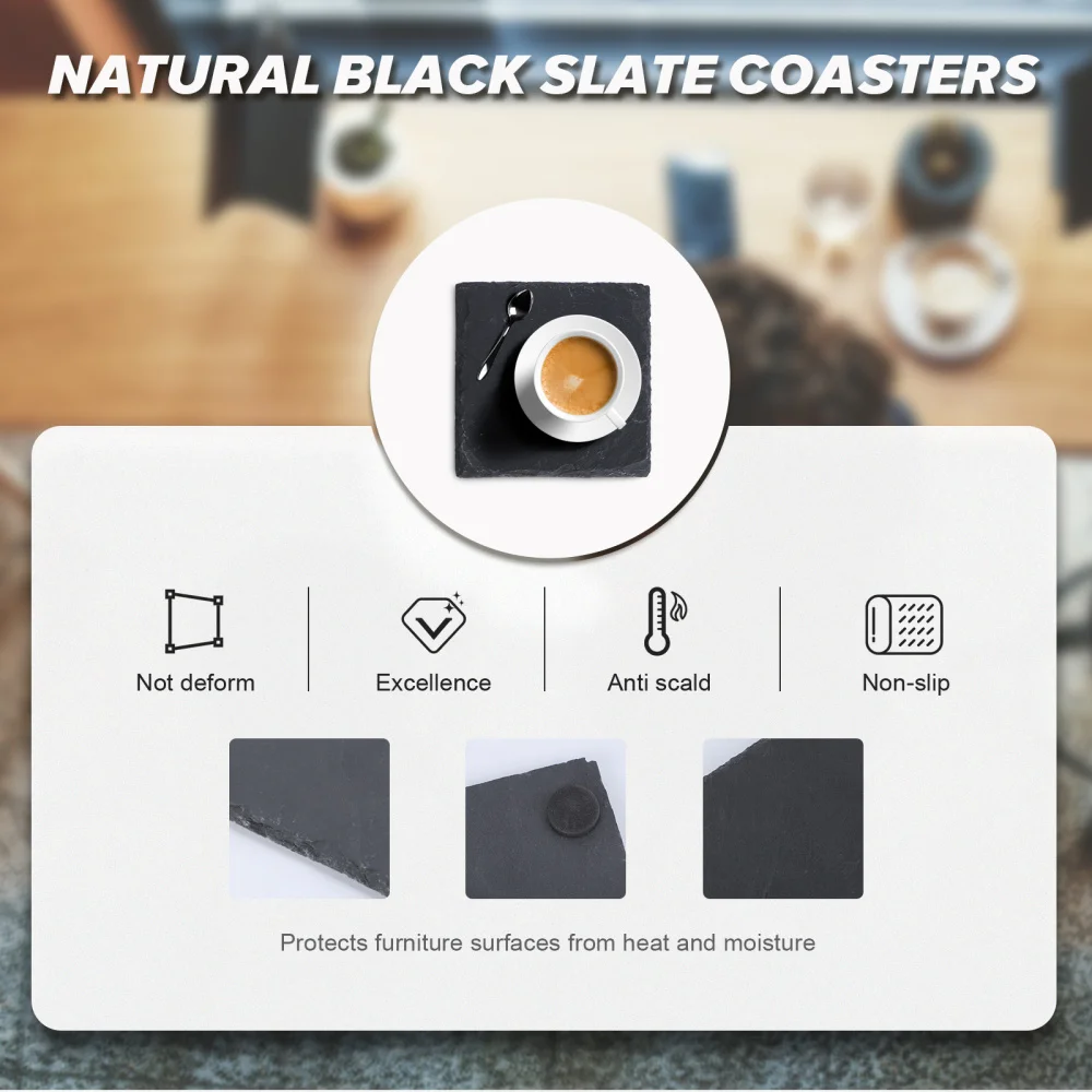 

4pcs 10*10CM Natural Slate Drink Coasters Glass Mug Cup Mats Pats Table Placemats (Black)