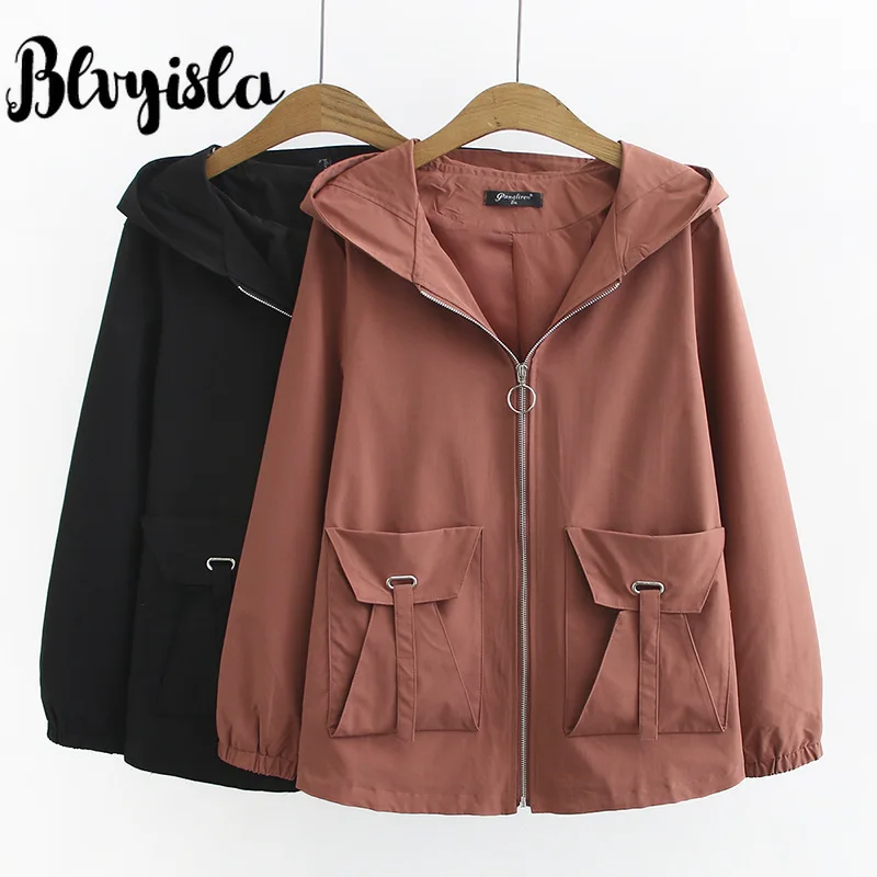 

5XL Oversize Solid Color Zipper Up Spring Thin Windbreakers Overweight Female Hoody Trench Short Style Coats Plus Size Tops
