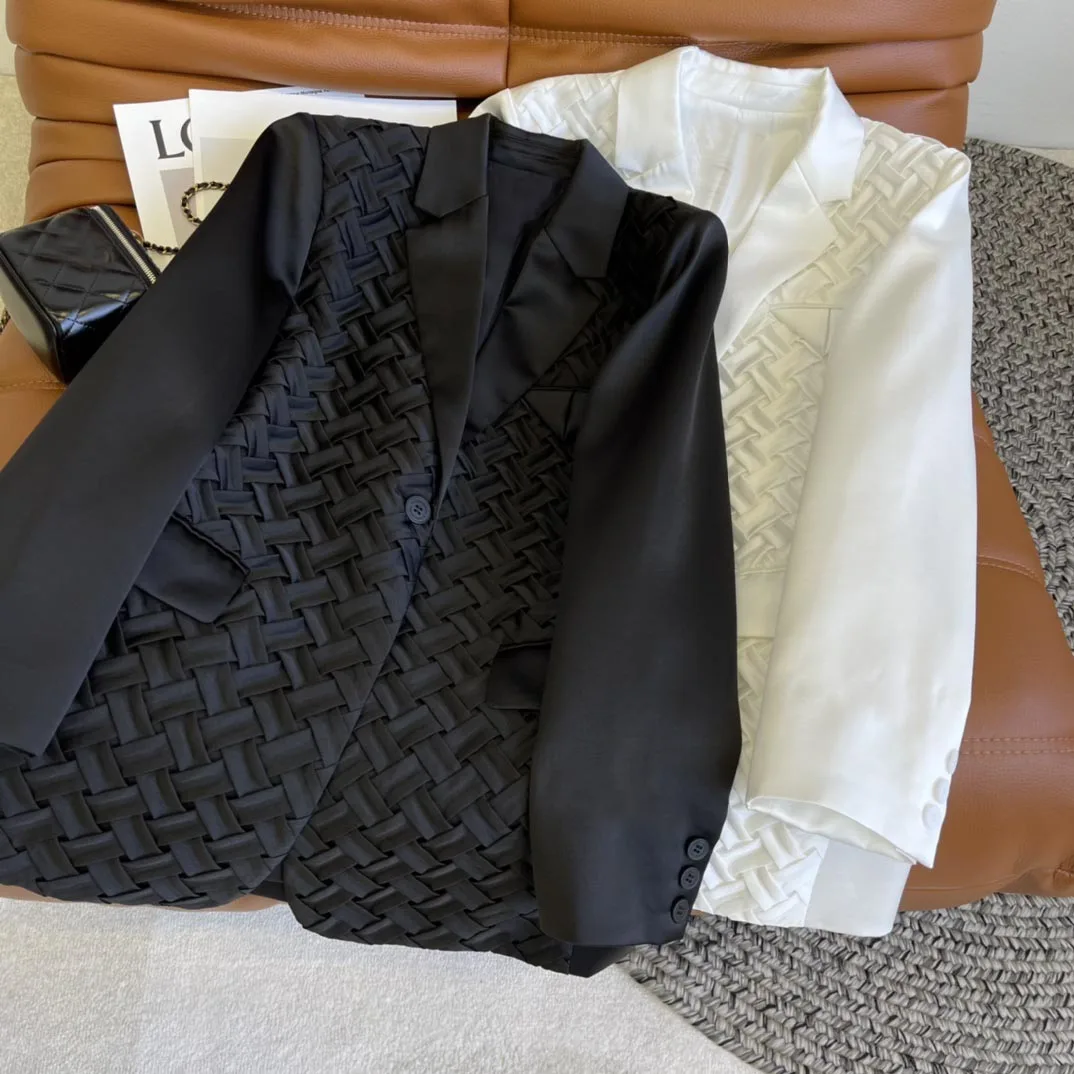 

High Street Weave Blazer Coat for Women Fashion Lapel Long Sleeve Big Pocket Coat Luxury Brand 3D Cut Slim Suit Coat Autumn 2021