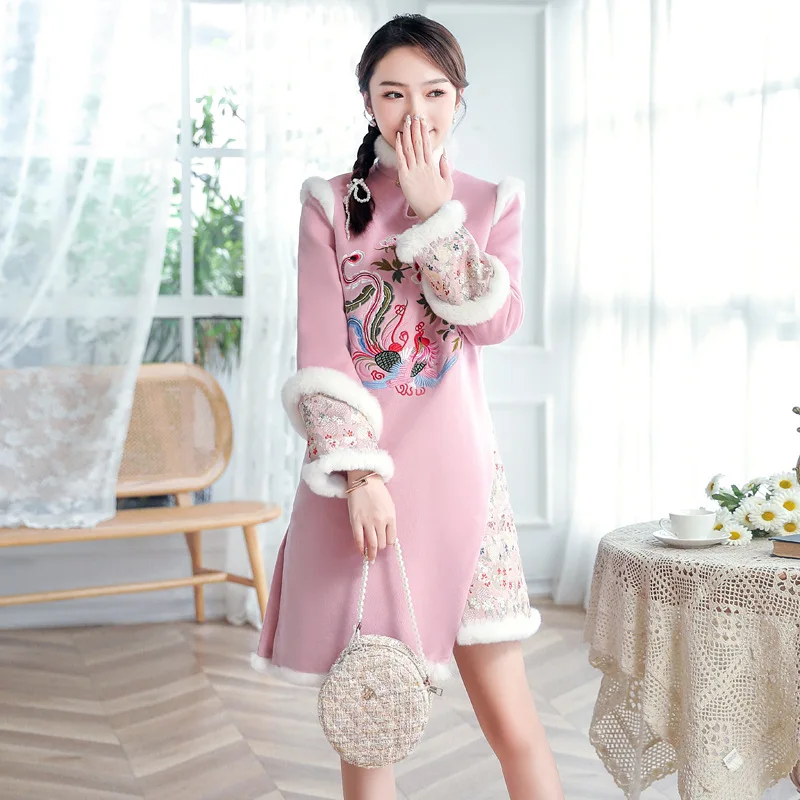 

H.RONG.X 2021 New Traditional Chinese Cheongsam Dress Winter Retro Pink Women Qipao Elegant Bodycon Cotton Warm Party ChipaoCP88