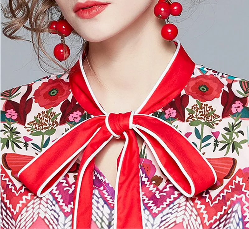 

2020 autumn fashion women Runway Flower Printed Dress Bow Collar Long Sleeve High Waist Dresses