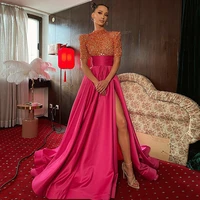 hot pink sequin evening dresses 2021 women simple short sleeves a line prom gowns satin side split party dress robes de soir%c3%a9e