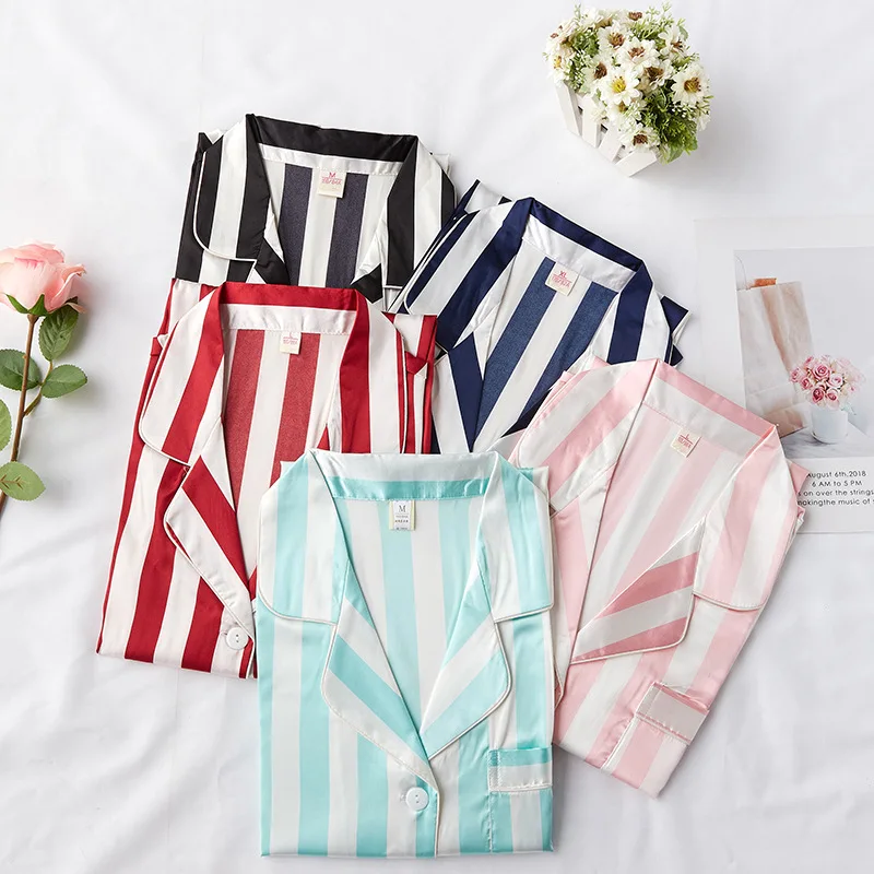 Женская Повседневная Мягкая атласная ночная рубашка Изысканная полосатая