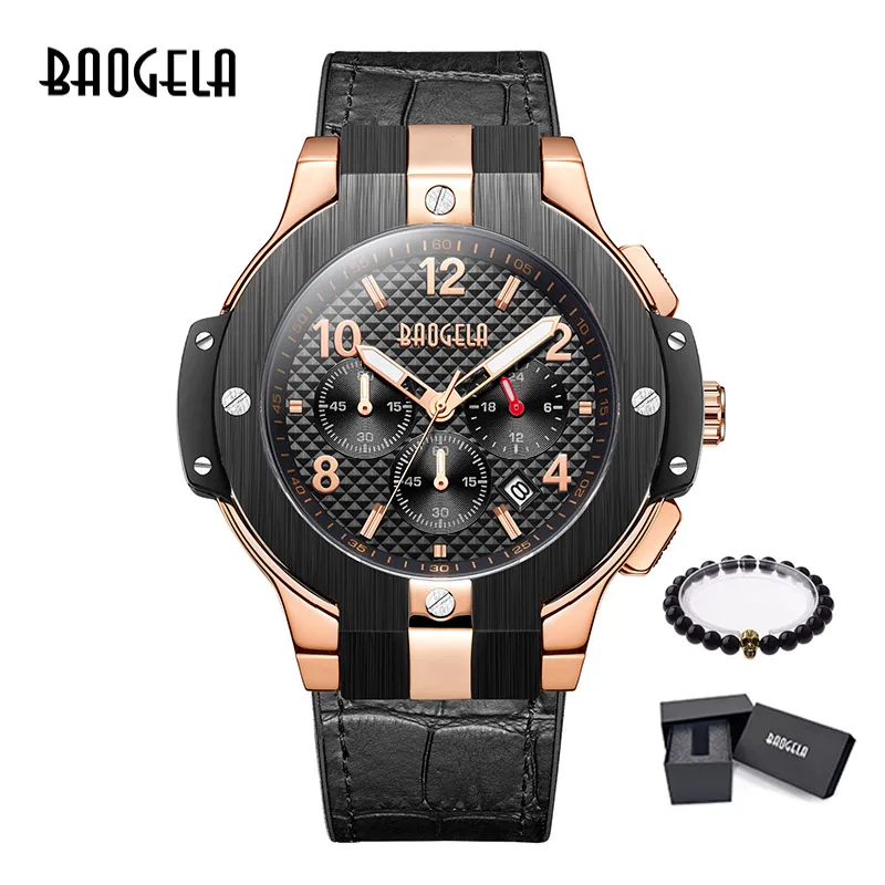 BAOGELA marque hommes montre кварцевые montre или bande de caoutchouc 3ATM rеsistant с chronographe hommes кварц 1909