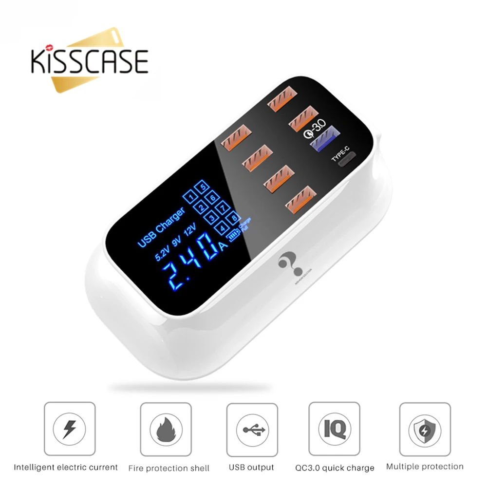 6USB + 1Type C 1 QC3.0 быстрое зарядное устройство с цифровым дисплеем для iPhone 7 11 8 6 EU US UK Plug