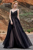 shwaepepty vintage spaghetti straps black wedding dresses for bride 2021 a line long tulle bridal gowns appliques lace
