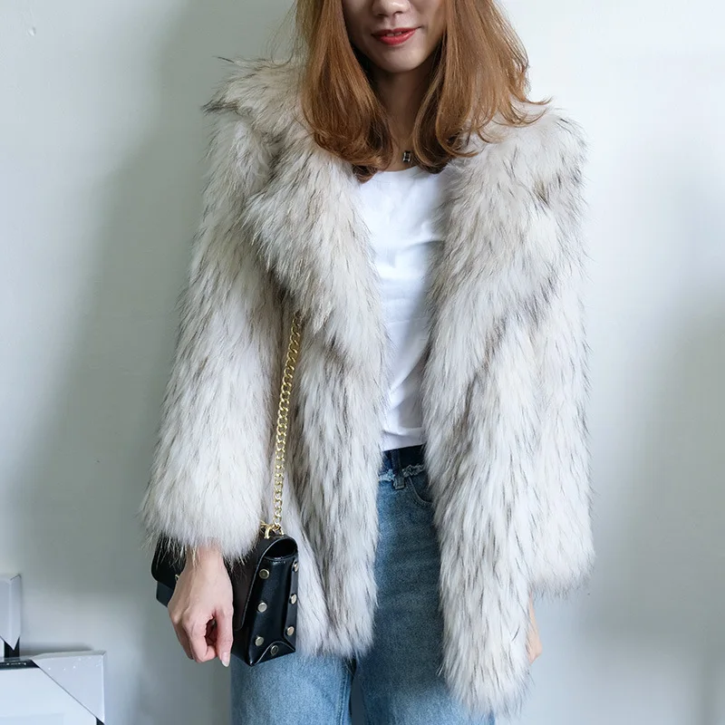 Fashion Slim Real Raccoon Dog Fur Coats Knitted Full Pelt Mid-length Turn-down Collar Oversize Office Lady Winter Women Overcoat