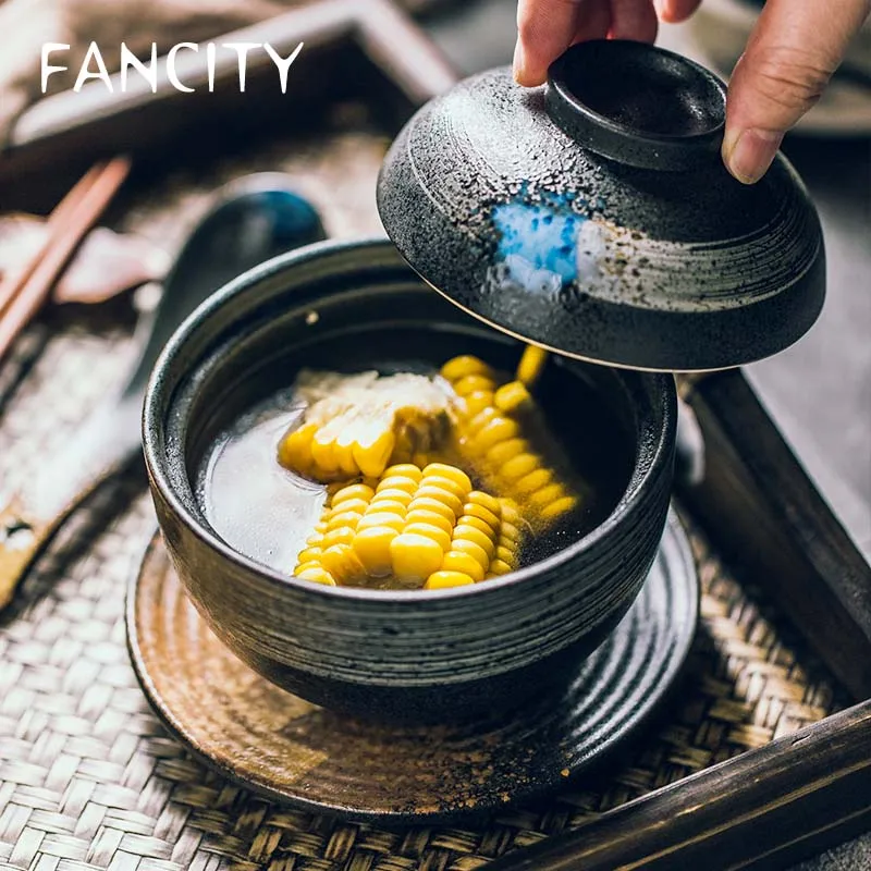 

FANCITY Japanese style soup cup ceramic stew cup with lid and spoon bottom plate set restaurant restaurant soup pot small soup c