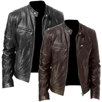 outdoor moto biker stand up collar cool locomotive style zipper pocket decoration mens leather jacket