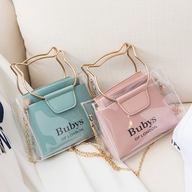 

Cat Shape Handle Handbags Transparent Clear PVC Jelly Shoulder Bag Summer Women Girls Letter Print Mini Crossbody Messenger Bags