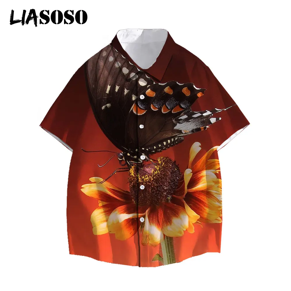 

LIASOSO 2021 3D Print Summer Men Casual Shirts Fashion Hawaiian Short-Sleeve Shirts Holiday Streetwear Animal Butterfly Women