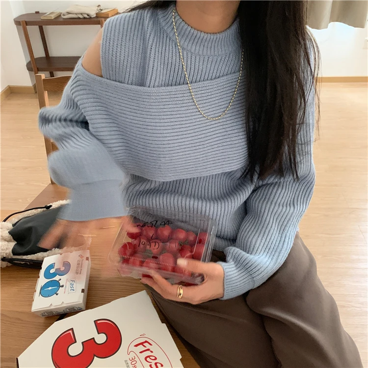 

Winter Off Shoulder Blue Loose Sweaters Women's Clothing Casual Style Fashion Brand Chic Hollow Out Pullovers Knitted Ladies