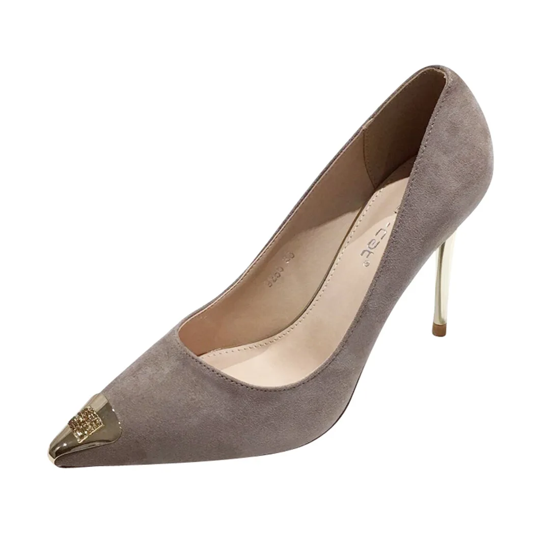 

Pumps 2019 autumn new high heels +Warm insole pointed toe stiletto metal toe shallow shoes women's shoes