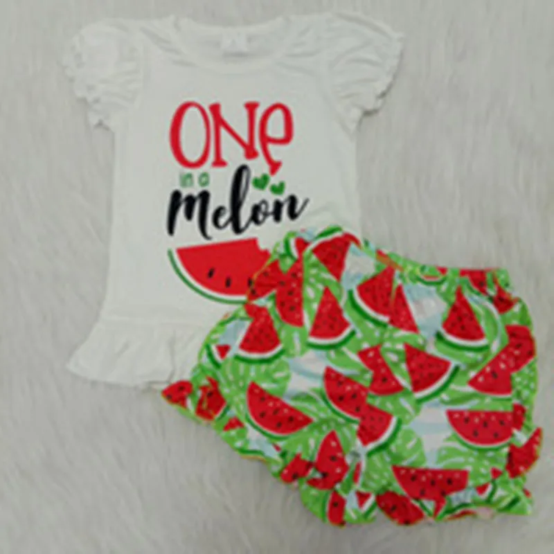 

Summer girl suit top white cartoon pattern pants shorts watermelon pattern