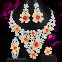 dubai luxury refined shiny flowers big necklace bangle earrings open ring jewelry set women bridal wedding jewelry necklace