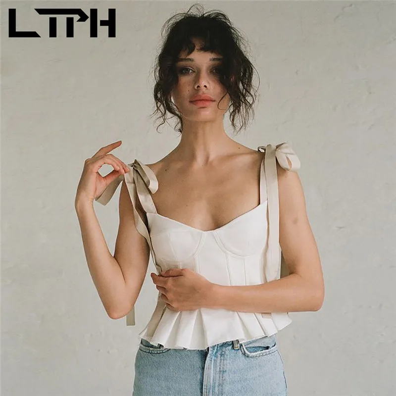 

LTPH French vintage sleeveless camisole crop tops sexy elegant bow solid sling Splicing short tanks women top 2021 Summer New